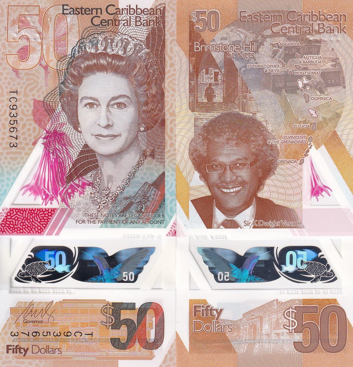 East Caribbean 50 Dollars ND 2019 P 58 Polymer QE II UNC PNB