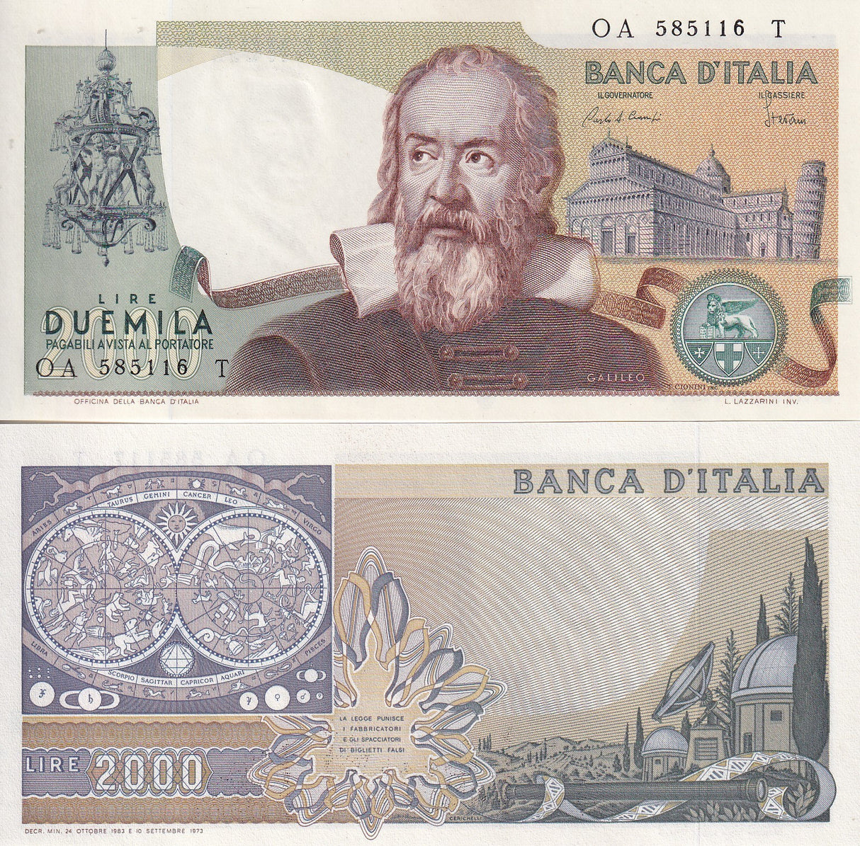 Italy 2000 Lire 1973 P 103 c UNC ,Galileo Galilei ,Leaning Tower in Pisa