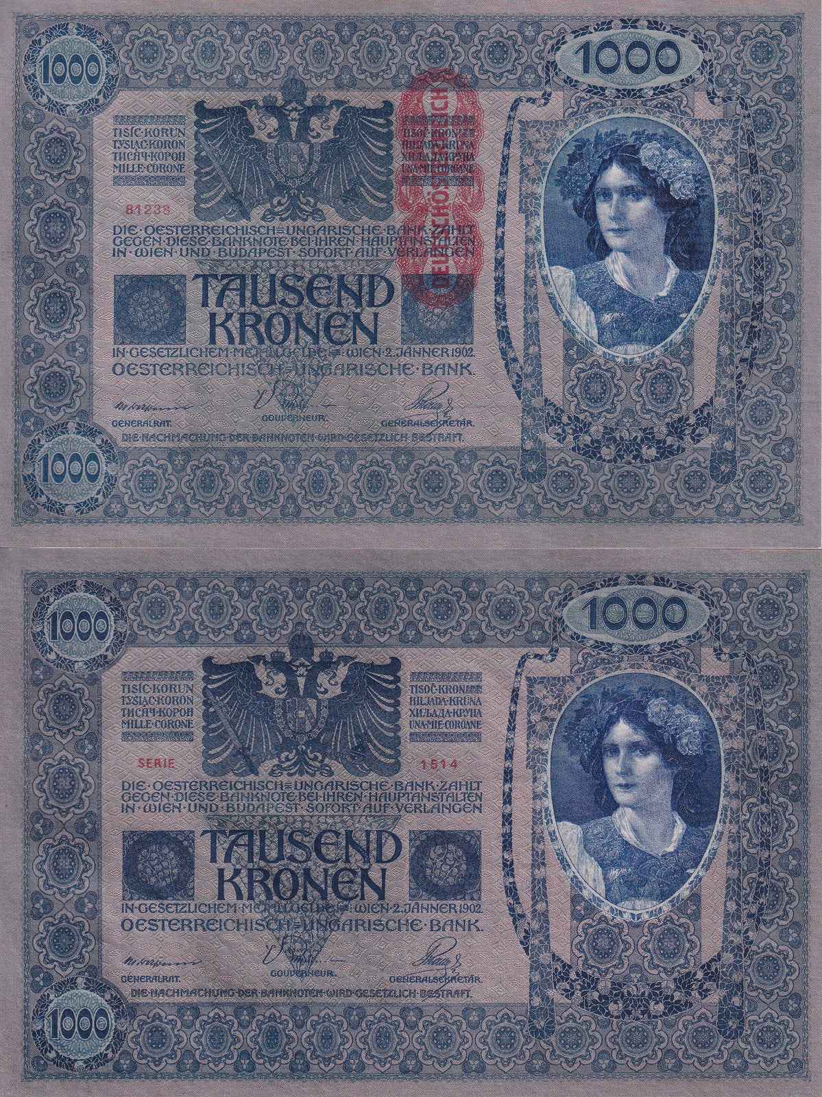 Austria 1000 Kronen 1902 ND 1919 P 59 UNC