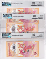 China Lot x 3; 20 Yuan 2024 P 920 Dragon Polymer Superb Gem UNC PMG 68 EPQ