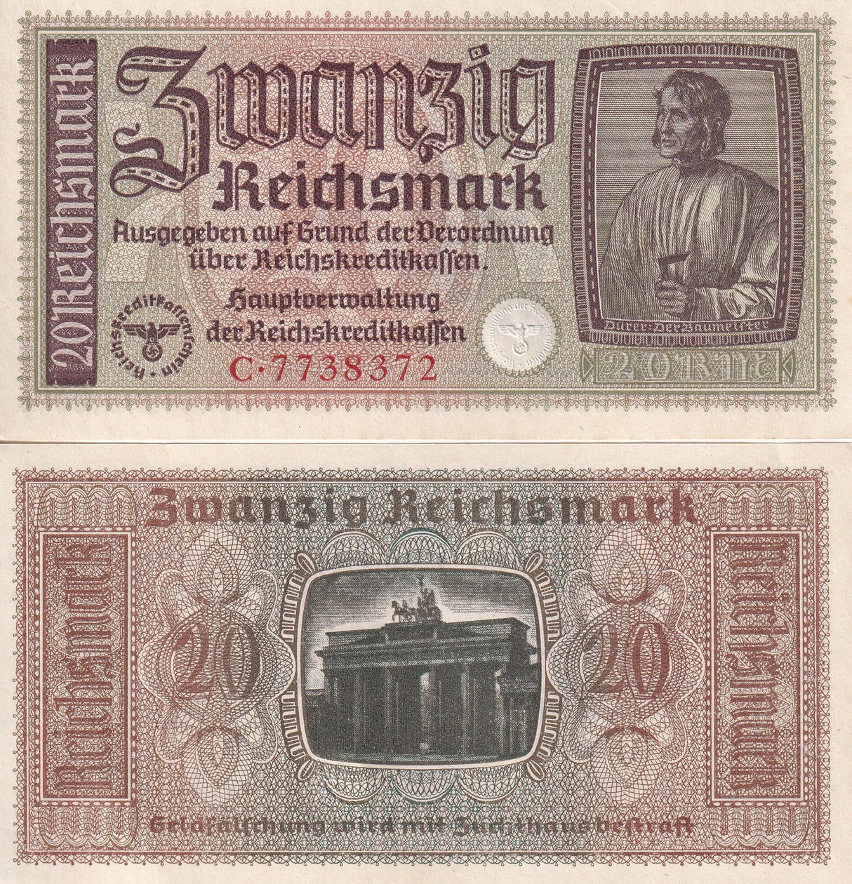 Germany 20 Reichsmark ND 1940-1945 P R139 AUnc
