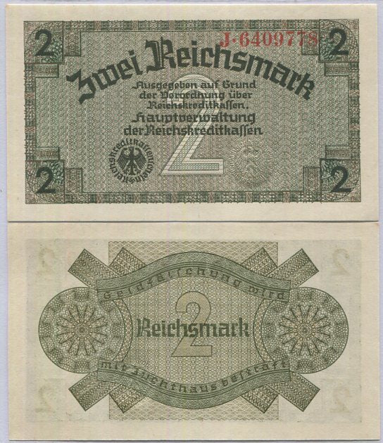 Germany 2 Reichsmark ND (1940-1945) 7 digit P R137a UNC ,Neue Wache, Berlin
