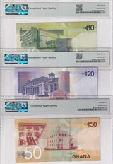Ghana Set 3; 10 20 50 Cedis 2019 2022 P 47 P 48 P 49 Superb Gem UNC PMG 67 EPQ