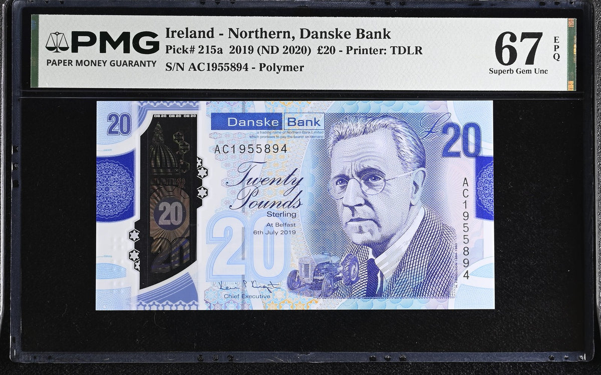 Northern Ireland 20 Pounds 2019 ND 2020 P 215 Superb Gem UNC PMG 67 EPQ, Polymer
