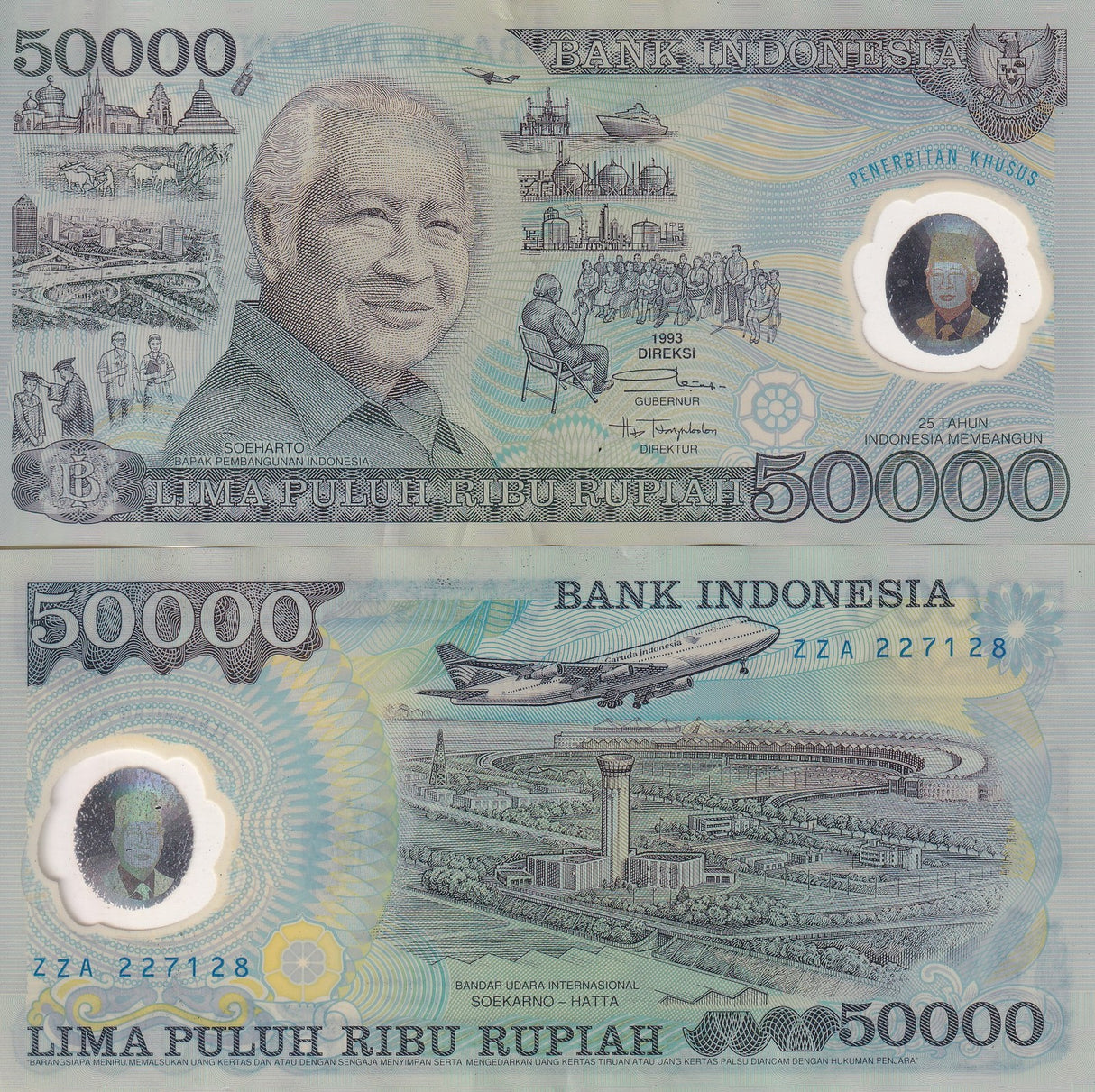 Indonesia 50000 Rupiah 1993 P 134 Polymer Soeharto, Soekarno-Hatta XF