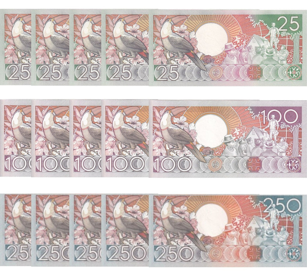Suriname Set 3 x 5 = 15 UNC 25 100 250 Gulden 1986 1988 P 132 133 134