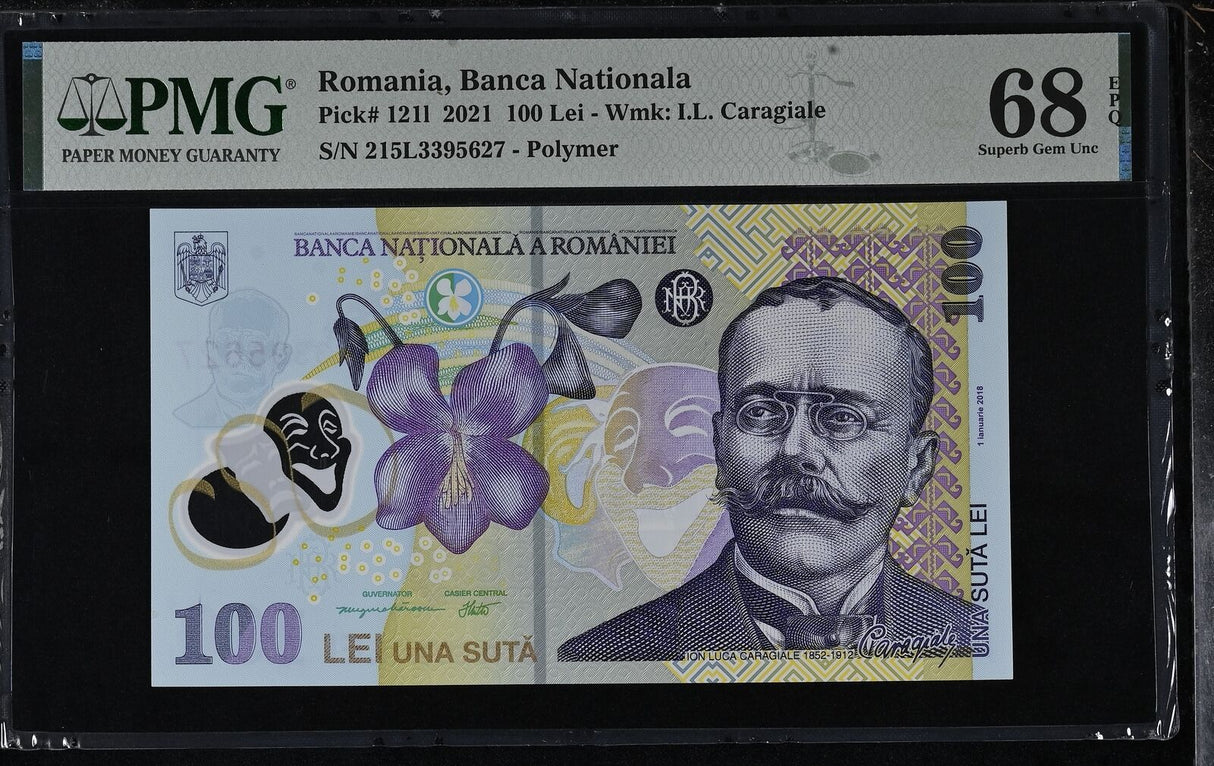 Romania 100 Lei 2021 P 121 l Polymer Superb Gem UNC PMG 68 EPQ