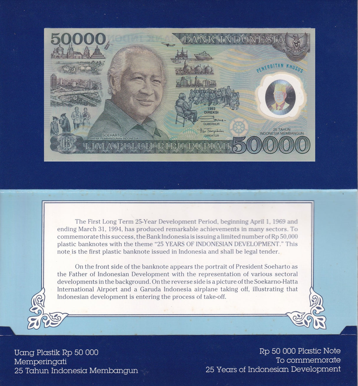 Indonesia 50000 Rupiah 1993 P 134 Polymer Soeharto, Soekarno-Hatta AUnc W/Folder