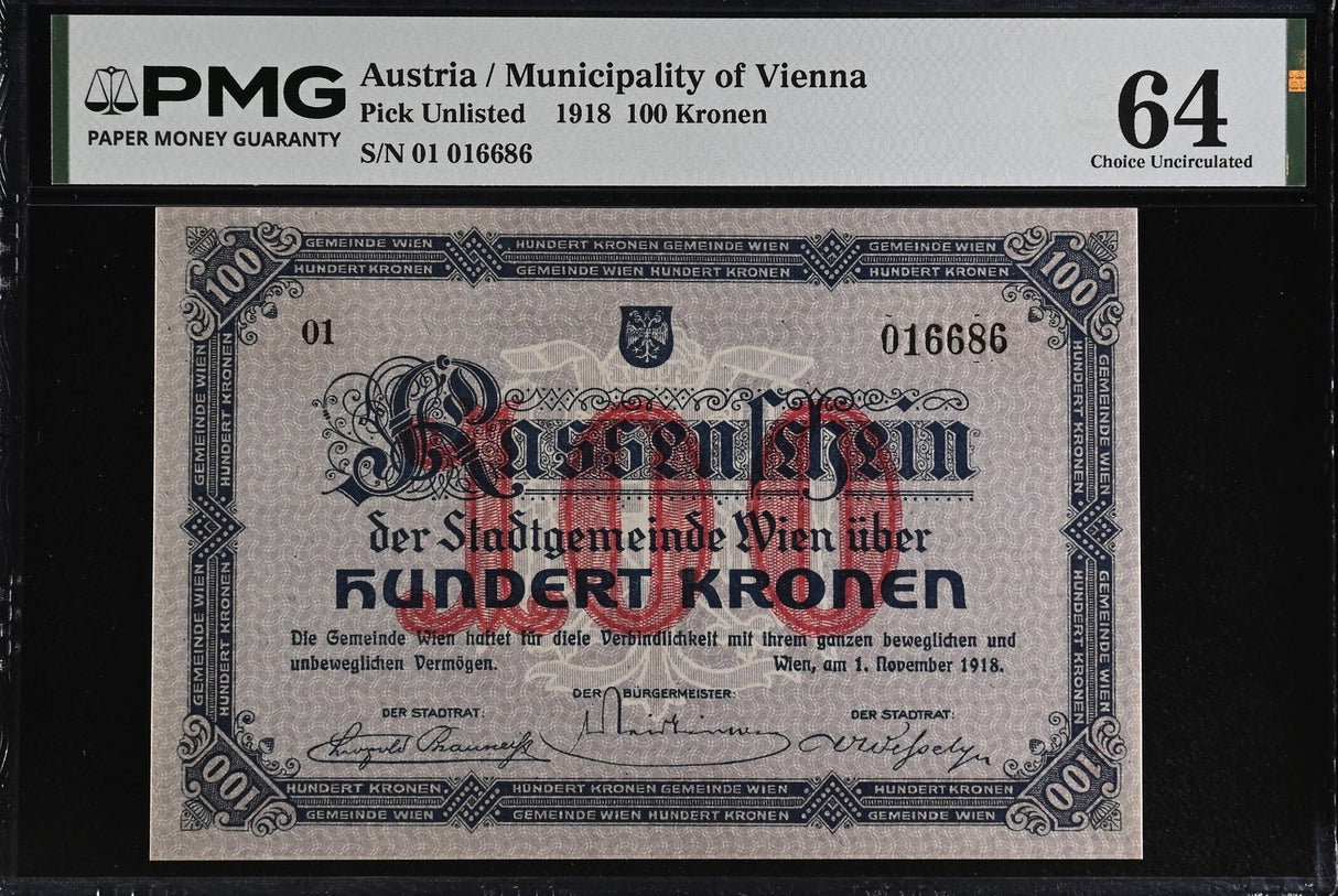 Austria 100 Kronen 1918 Municipality of Vienna Choice UNC PMG 64
