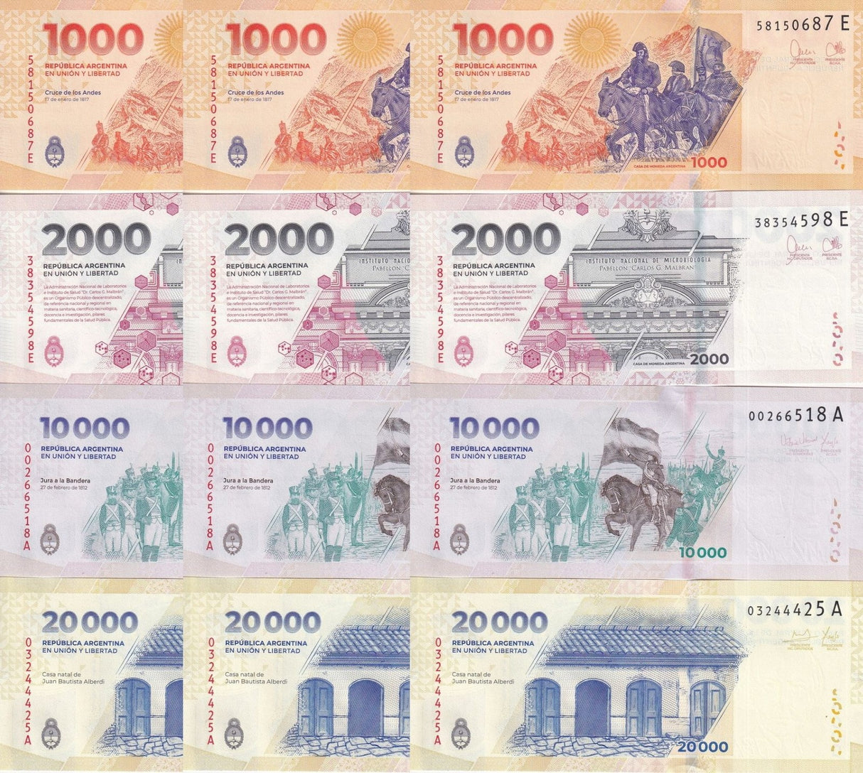Argentina SET 4 X LOT 3 = 12 UNC 1000 2000-20000 Pesos ND 2023 2024 P 367- P 370