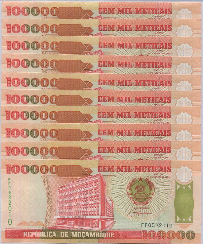 Mozambique 100000 Meticais 1993 P 139 UNC LOT 10 PCS Cabora Bassa dam