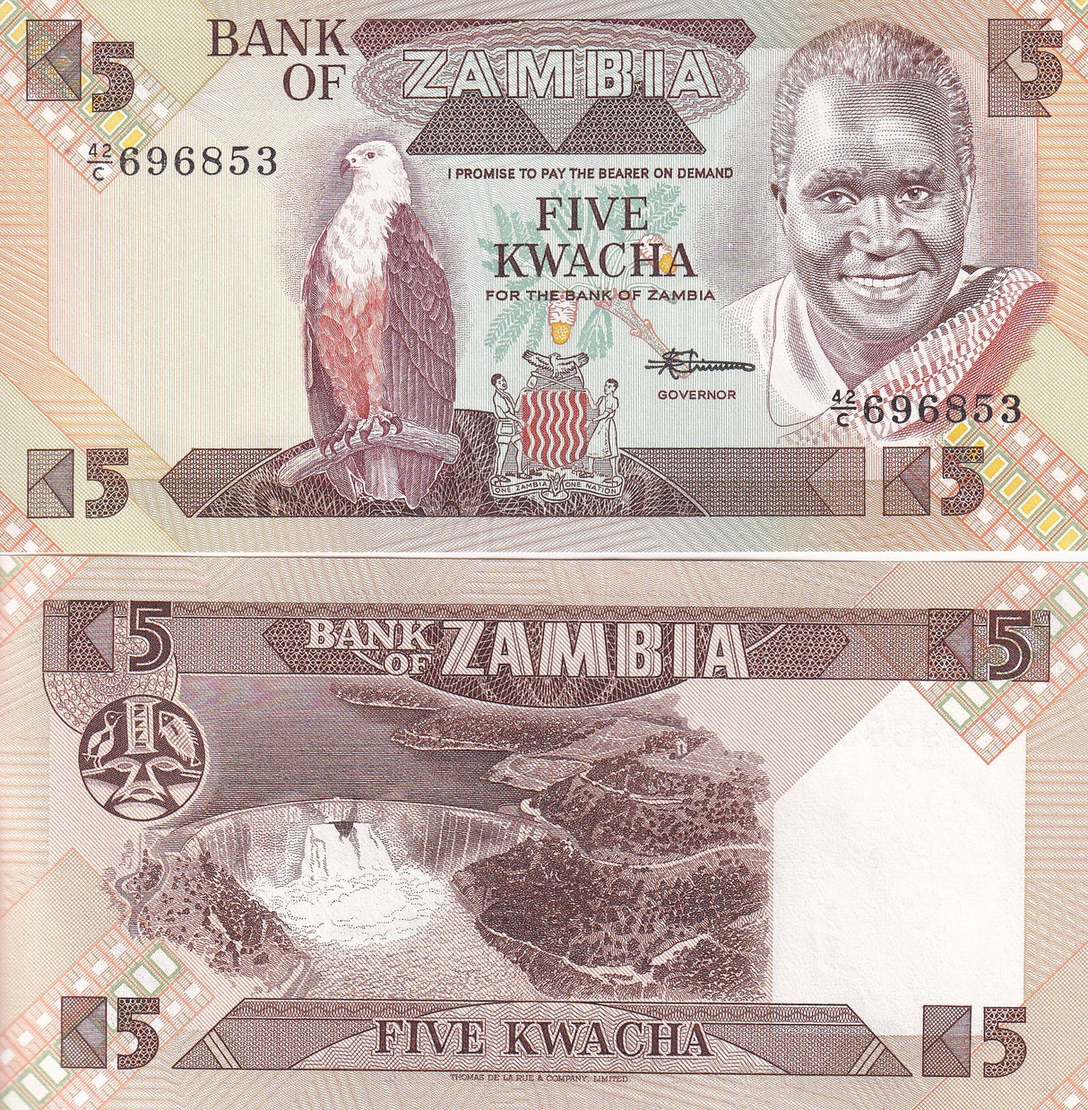 Zambia 5 Kwacha ND 1980-1988 P 25 d UNC Fish eagle, Kariba dam