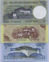 Bhutan Set 3 UNC 1 5 10 Ngultrum Random Date P 27 28 29 , Dragon