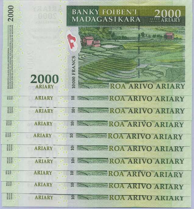 Madagascar 2000 Ariary 2007 P 93 Commemorative NATURELLEMENT UNC Lot 10 PCS