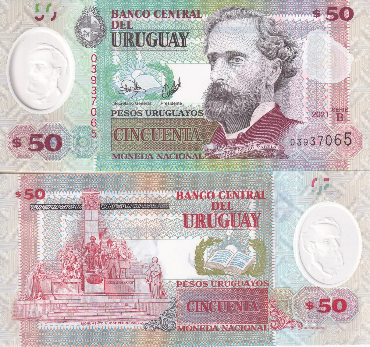 Uruguay 50 Pesos 2021 P 102 b Polymer New Date UNC ,Varela monument