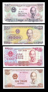 Vietnam Set 4 Pcs 200 500 1000 2000 Dong 1987 1988 P 100 101 106 107 UNC