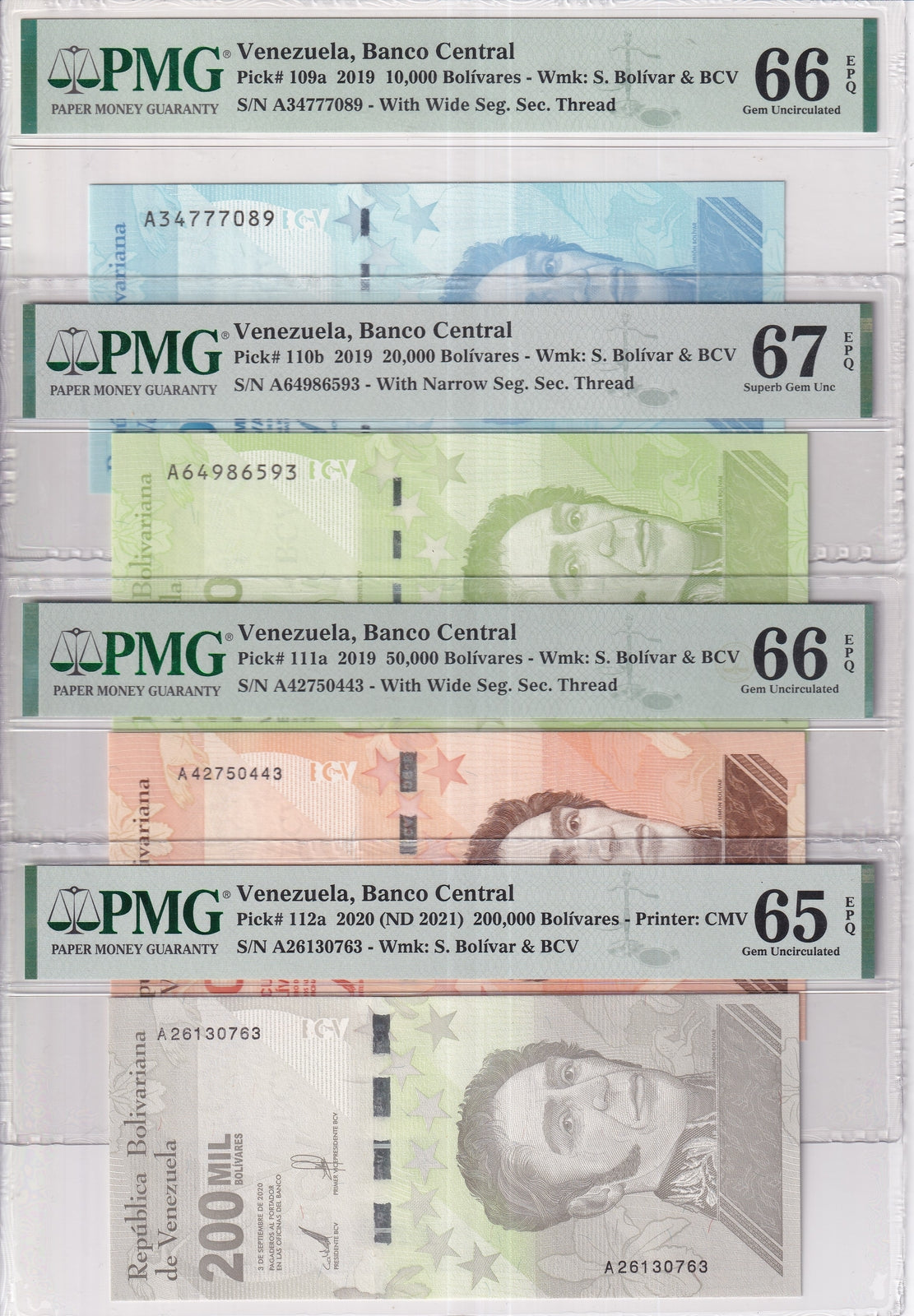 Venezuela Set 4; 10000-50000 200k Bolivares 2020 P 112 Gem UNC PMG 65 66 67 EPQ