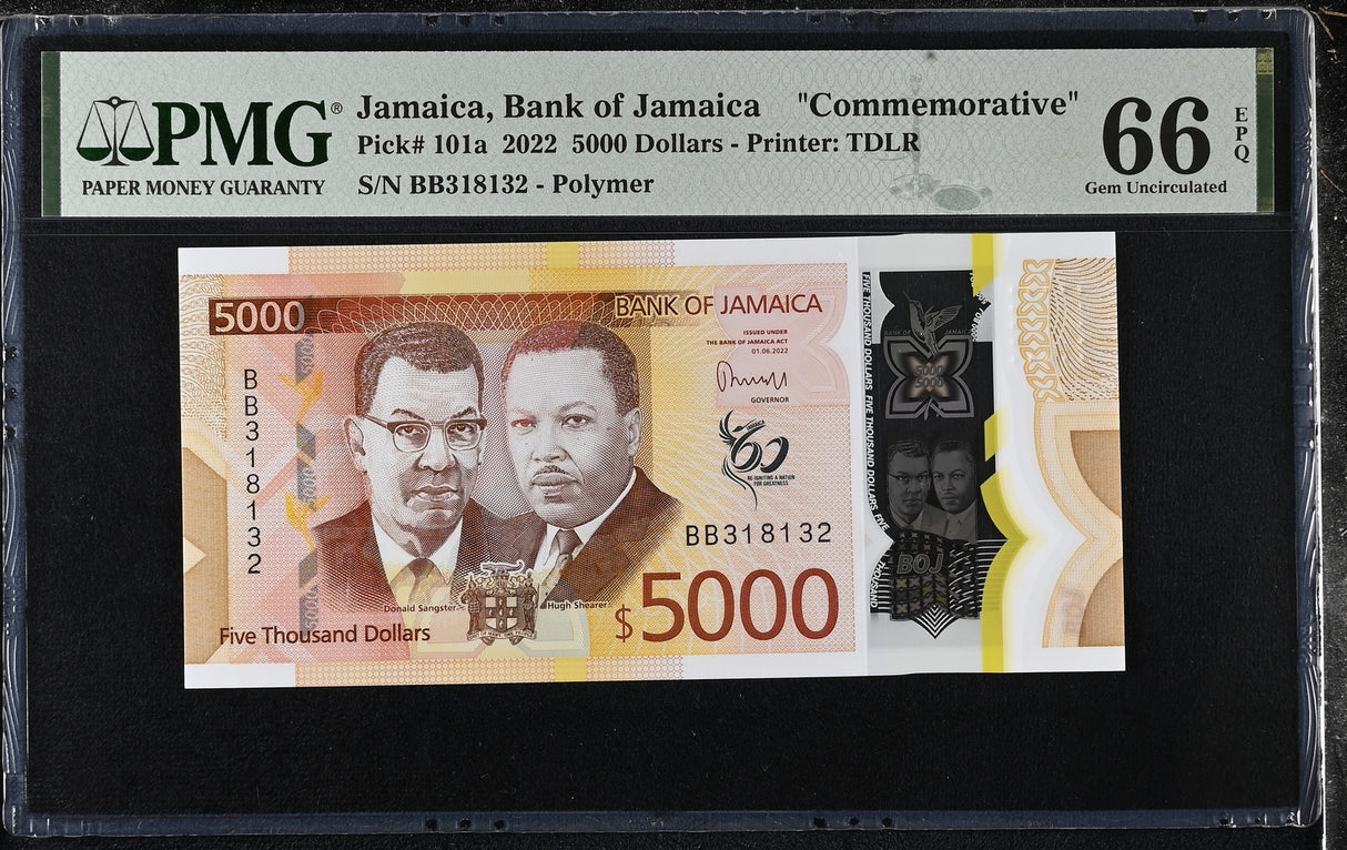 Jamaica 5000 Dollars 2022 P 101 Polymer Commemorative Gem UNC PMG 66 EPQ