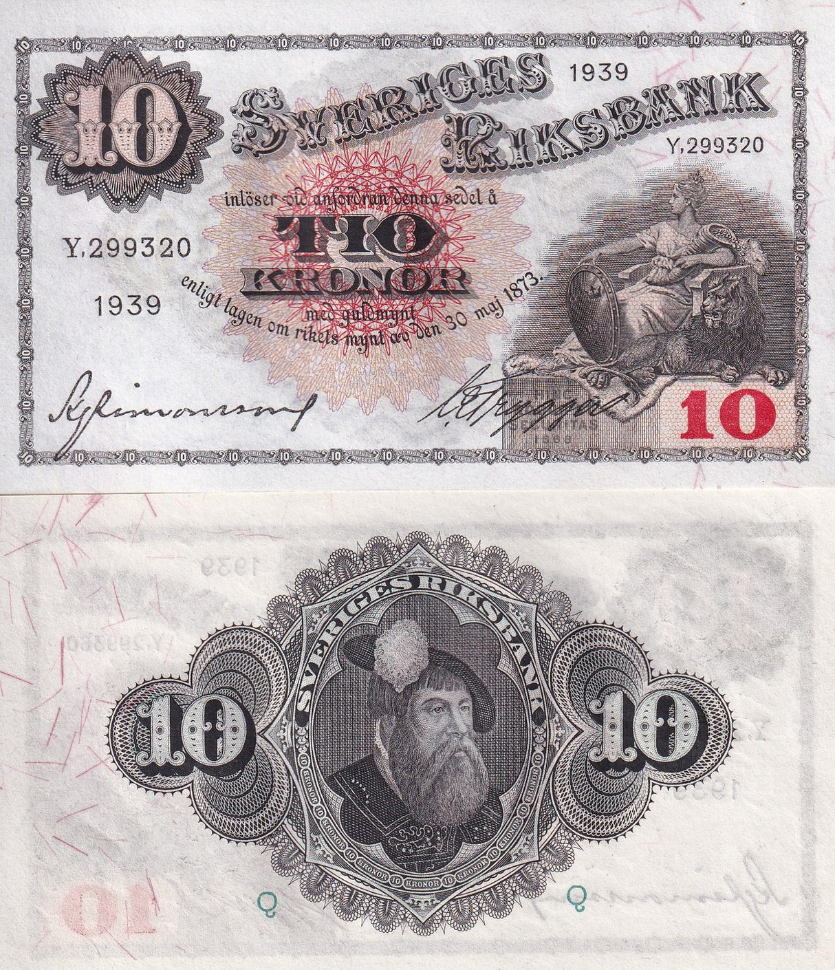 Sweden 10 Kronor 1939 P 34 v Random Sign UNC