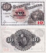 Sweden 10 Kronor 1939 P 34 v Random Sign UNC