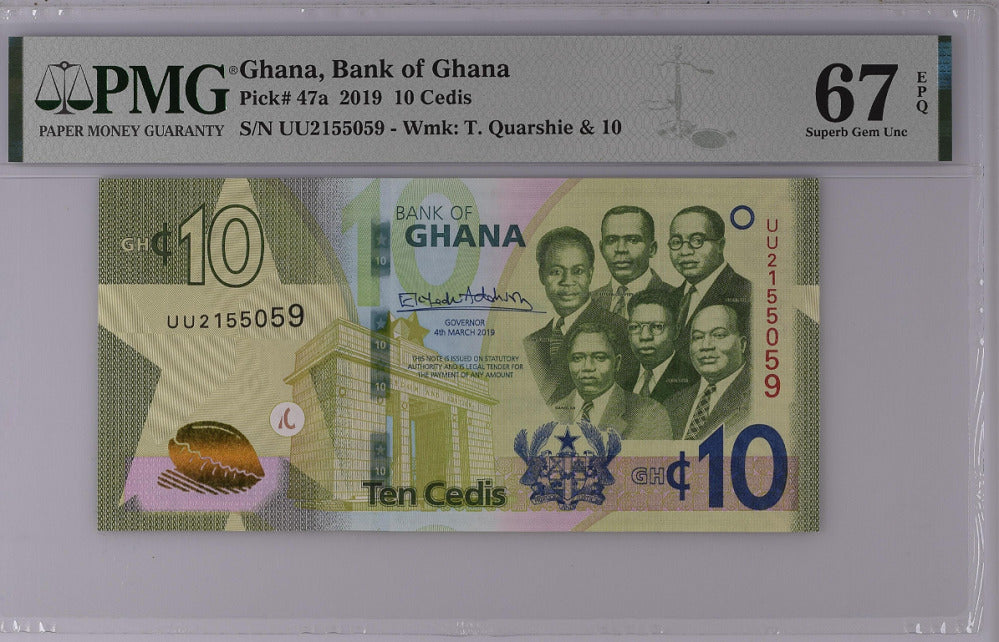 Ghana 10 Cedis 2019 P 47 a Superb Gem UNC PMG 67 EPQ