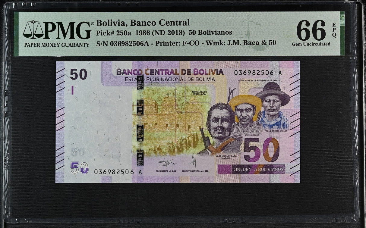 Bolivia 50 Bolivianos 1986 ND 2018 P 250 a Gem UNC PMG 66 EPQ