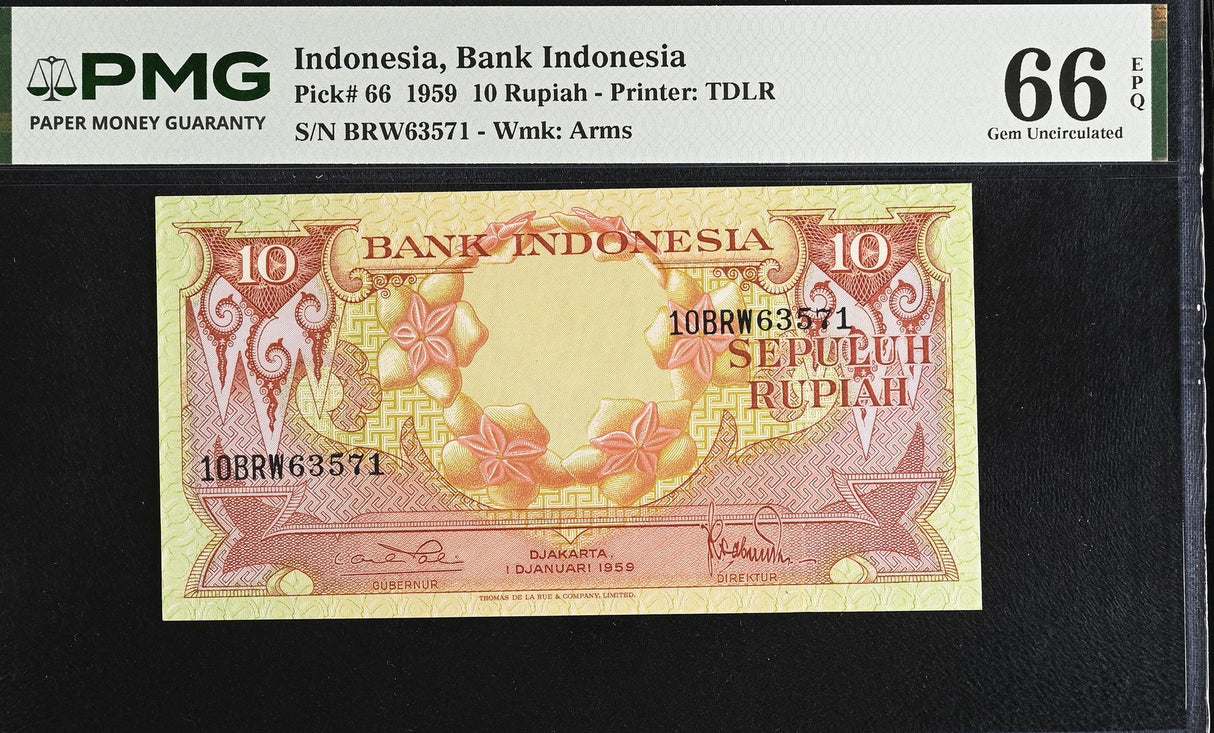 Indonesia 10 Rupiah 1959 Flower P 66 Gem UNC PMG 66 EPQ