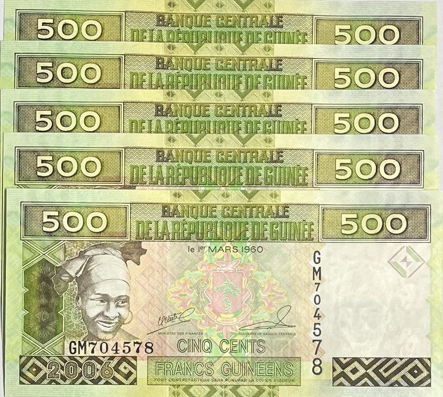 Guinea 500 Francs 2006 P 39 a UNC Lot 5 Pcs, Woman, Mining conveyor