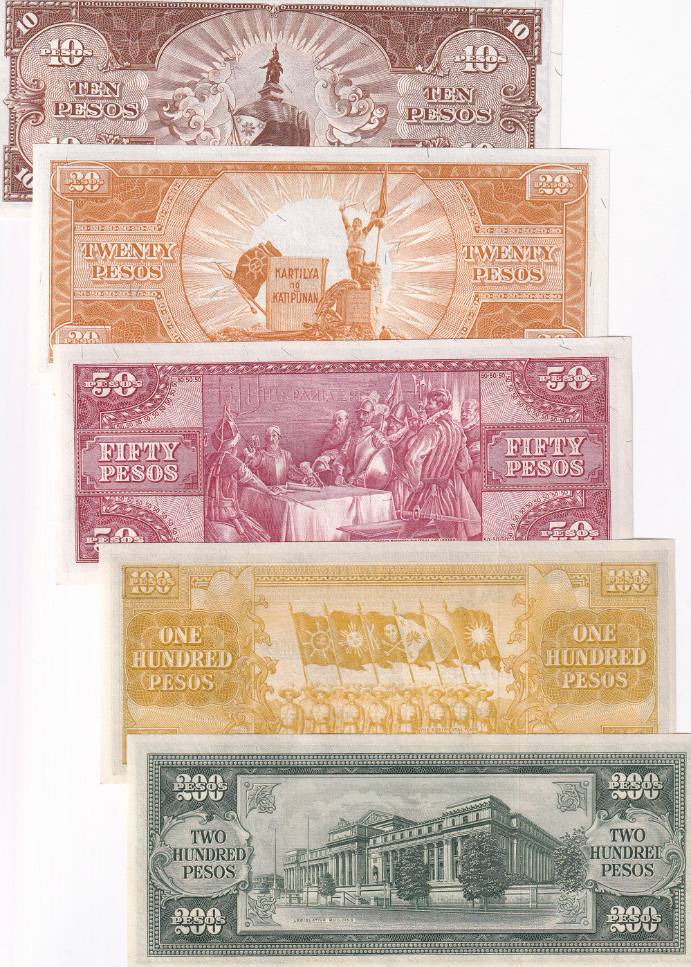 Philippines Set 5 UNC 10 20 50 100 200 Pesos ND 1949-1969 P 136 137 -140 Little Yellow Tone