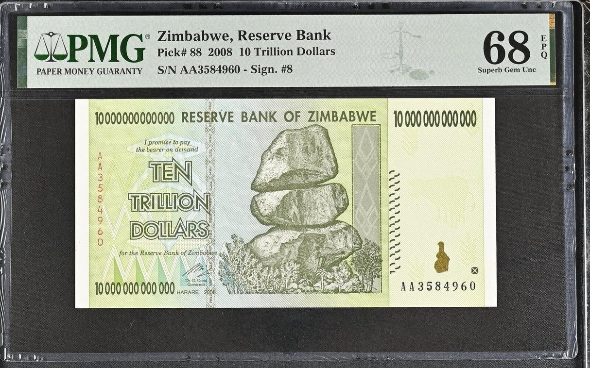 Zimbabwe 10 Trillion Dollars 2008 P 88 Superb Gem UNC PMG 68 EPQ