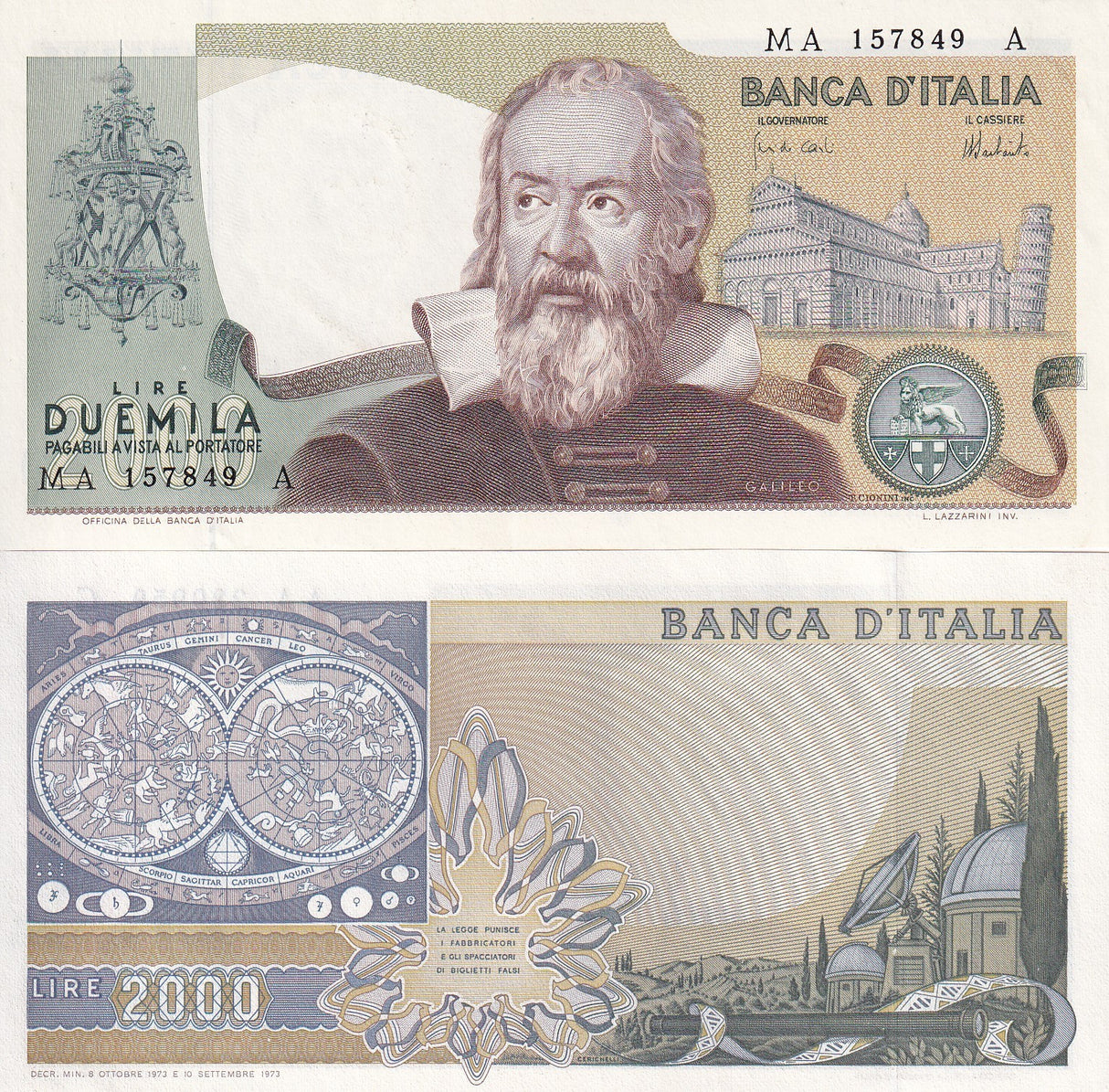 Italy 2000 Lire 1973 P 103 a Galileo Galilei Leaning Tower Pisa AUnc