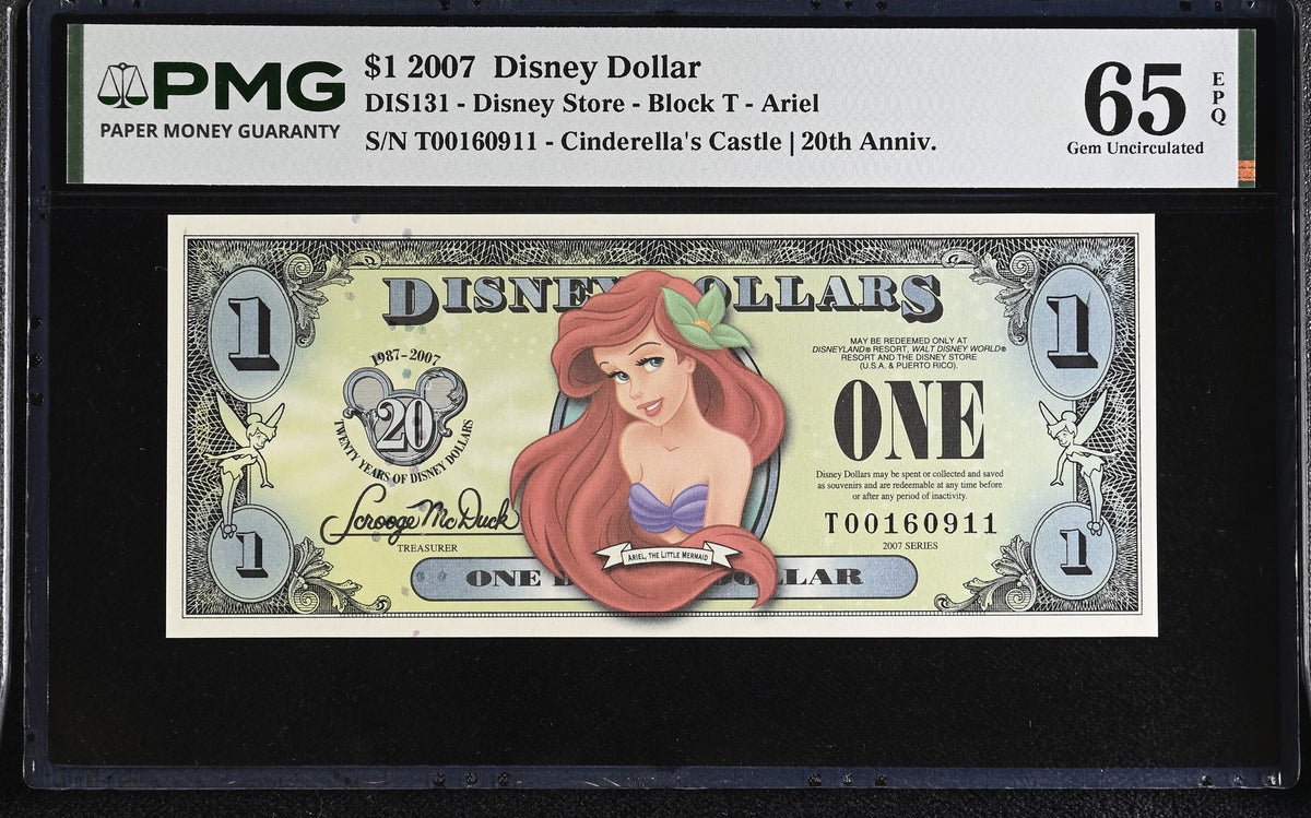 USA Disney 1 Dollar 2007 Ariel 20th Anniversary Gem UNC PMG 65 EPQ