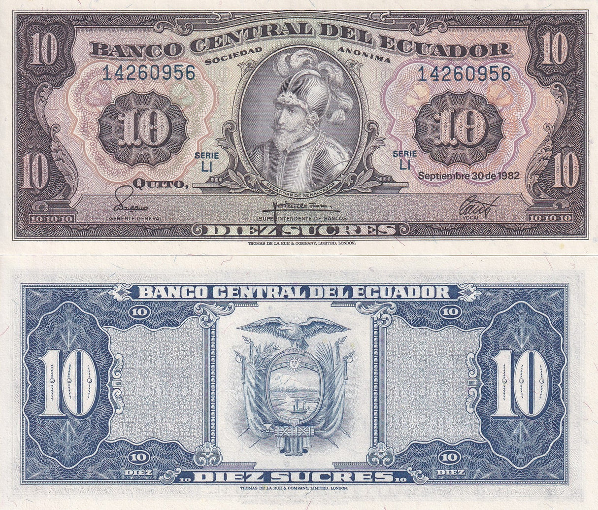 Ecuador 10 Sucres 1982 P 114 b UNC ,Sebastián de Benalcazar, TDLR