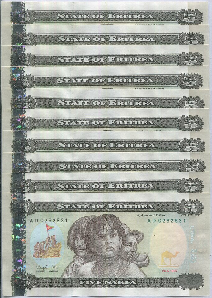 Eritrea 5 Nakfa 1997 P 2 UNC Lot 10 Pcs, Boy men Jacaranda tree