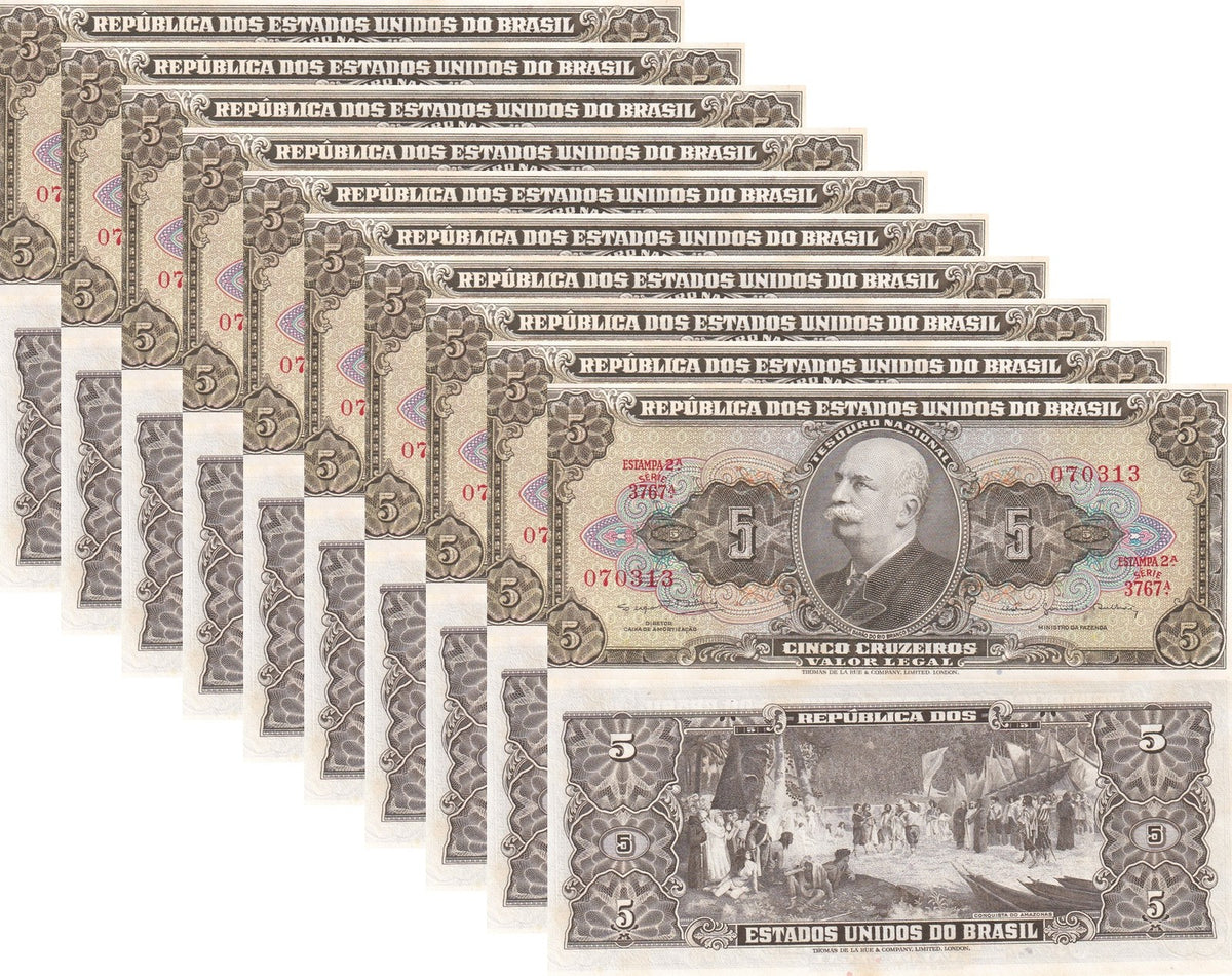 Brazil 5 CRUZEIROS ND 1962-1964 P 176 d UNC ,Little Yellow Tone LOT 10 PCS