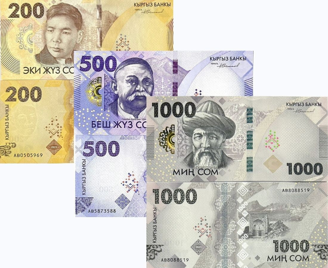 Kyrgyzstan Set 3 UNC 200 500 1000 Som 2023 P 37 38 39 Zhusup Balasagyn, mountain