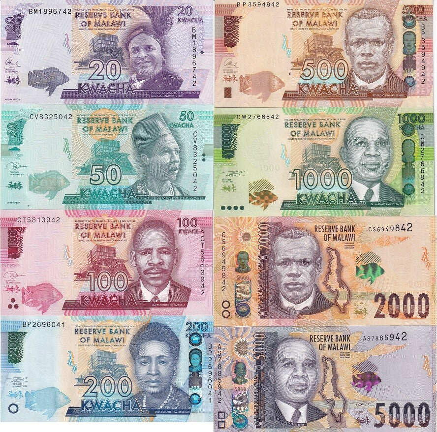 Malawi Set 8 UNC 20 50 100 200 500 1000 2000 (BROWN) 5000 Random Date P 63-71