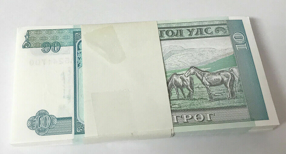 Mongolia 10 Tugrik ND 1993 P 54 UNC Lot 25 Pcs 1/4 Bundle ,Sukhe Bataar, Horses