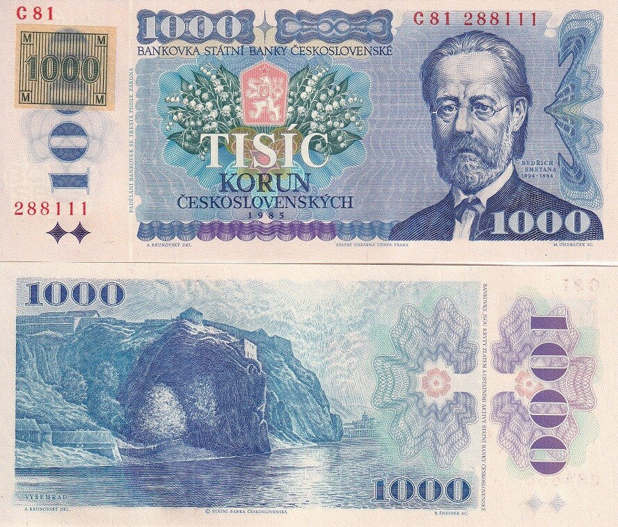 Czech Republic 1000 Korun 1985 (1993) W/STAMP P 3 a prefix C UNC ,Moldau River