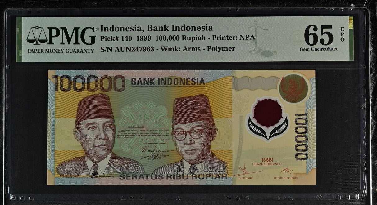 Indonesia 100000 Rupiah 1999 P 140 Polymer Gem UNC PMG 65 EPQ