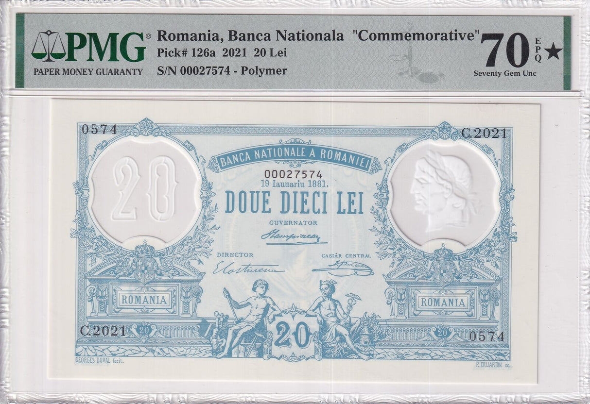 Romania 20 Leu 2021 Comm. P 126 a Polymer Superb Gem UNC PMG 70 EPQ Extra Star