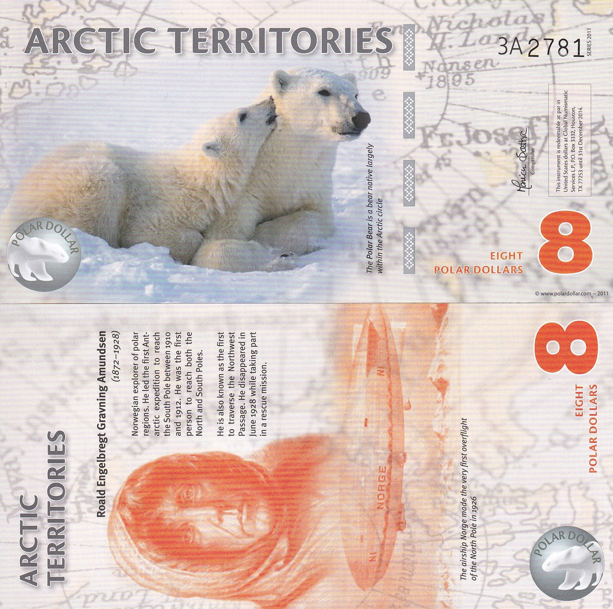 Arctic Territories 8 Dollar 2011 Polymer Polar Bear UNC