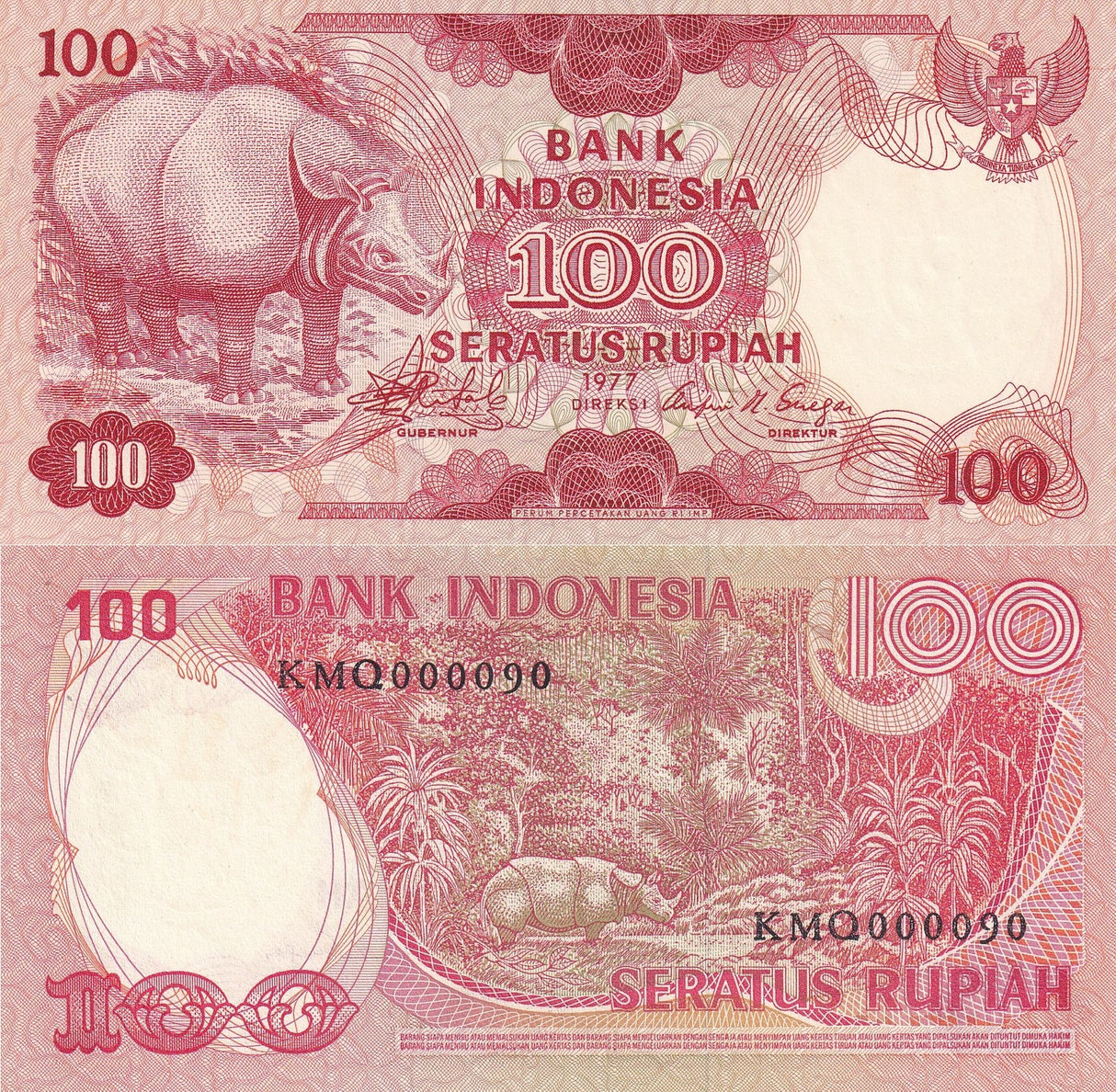 Indonesia 100 Rupiah 1977 P 116 LOW Serial 2 Digit # 90 UNC
