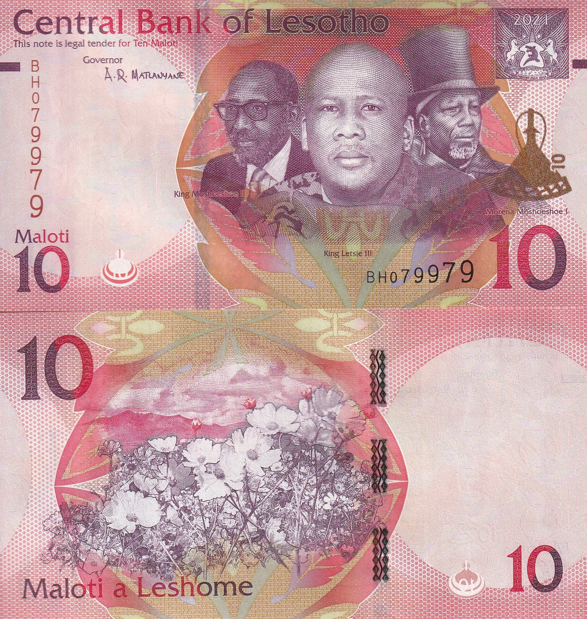 Lesotho 10 Maloti 2021 P 26 UNC, Moshoeshoe I II, Kings Letsie III , Flowers