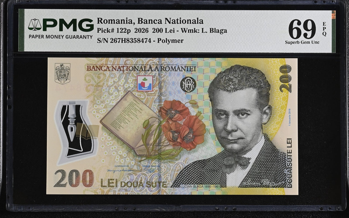 Romania 200 Lei 2026 P 122 p Polymer Superb Gem UNC PMG 69 EPQ