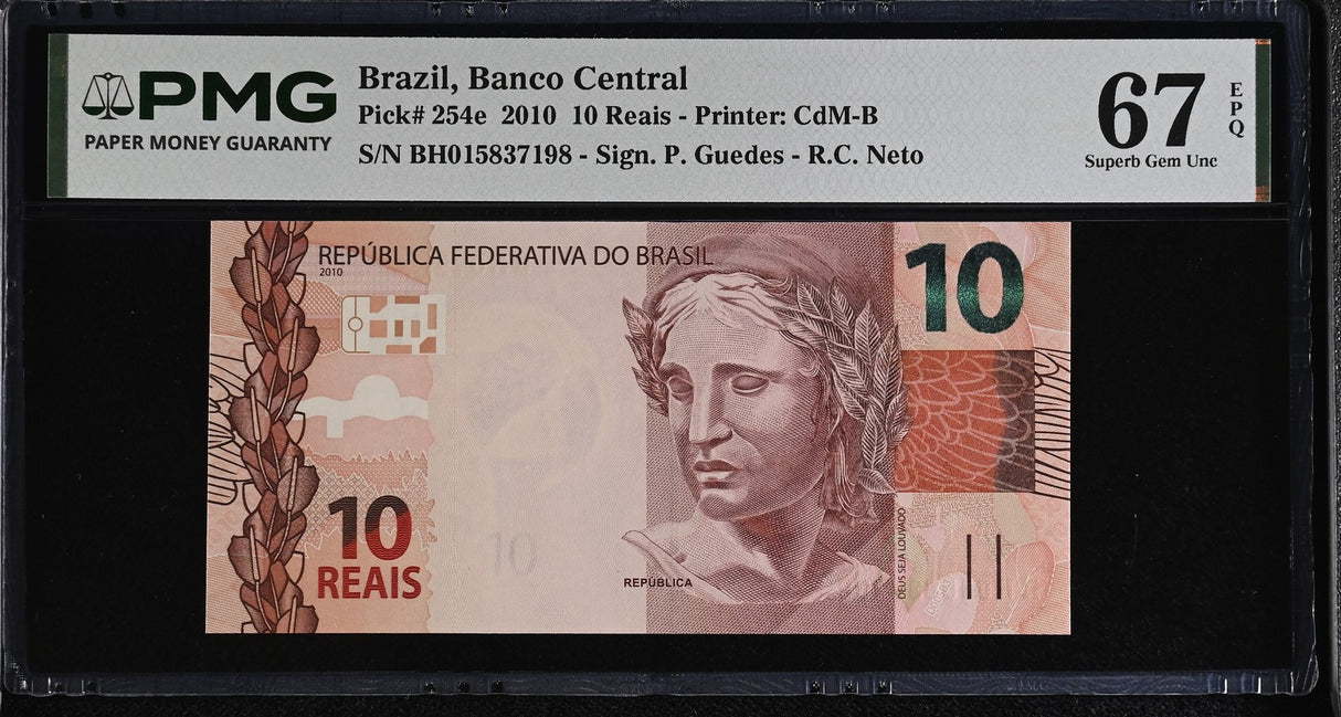 Brazil 10 Reais 2010 P 254 e Superb Gem UNC PMG 67 EPQ TOP POP
