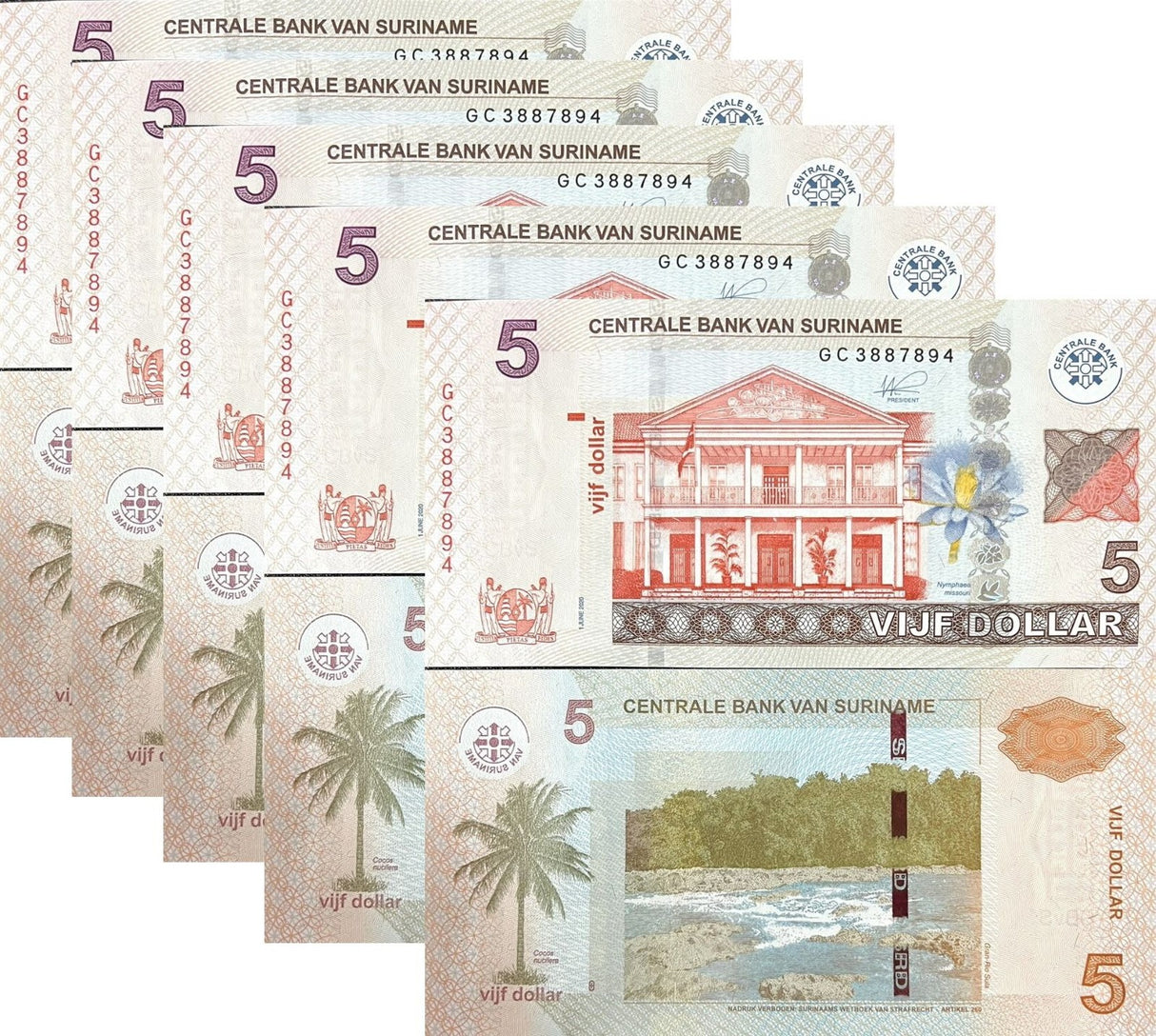 Suriname 5 Dollars 2020 P 162 New Sign UNC LOT 5 PCS