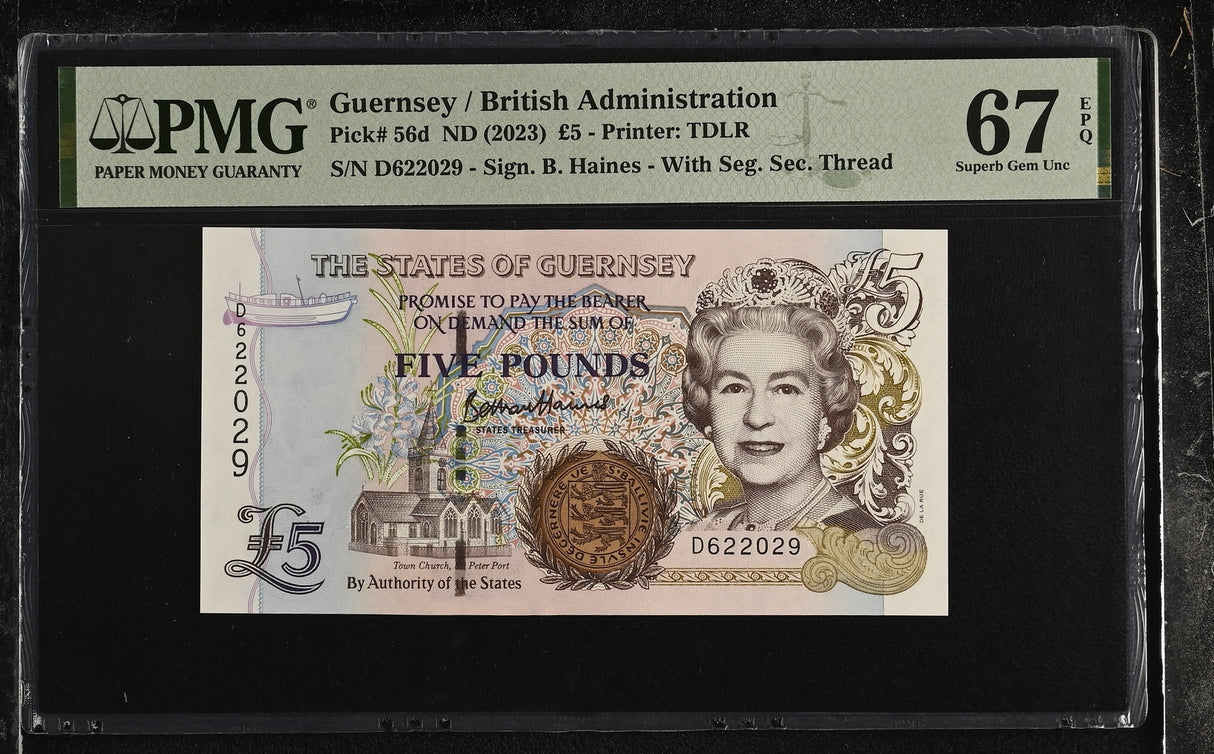 Guernsey 5 Pounds ND 2023 P 56 d Superb Gem UNC PMG 67 EPQ