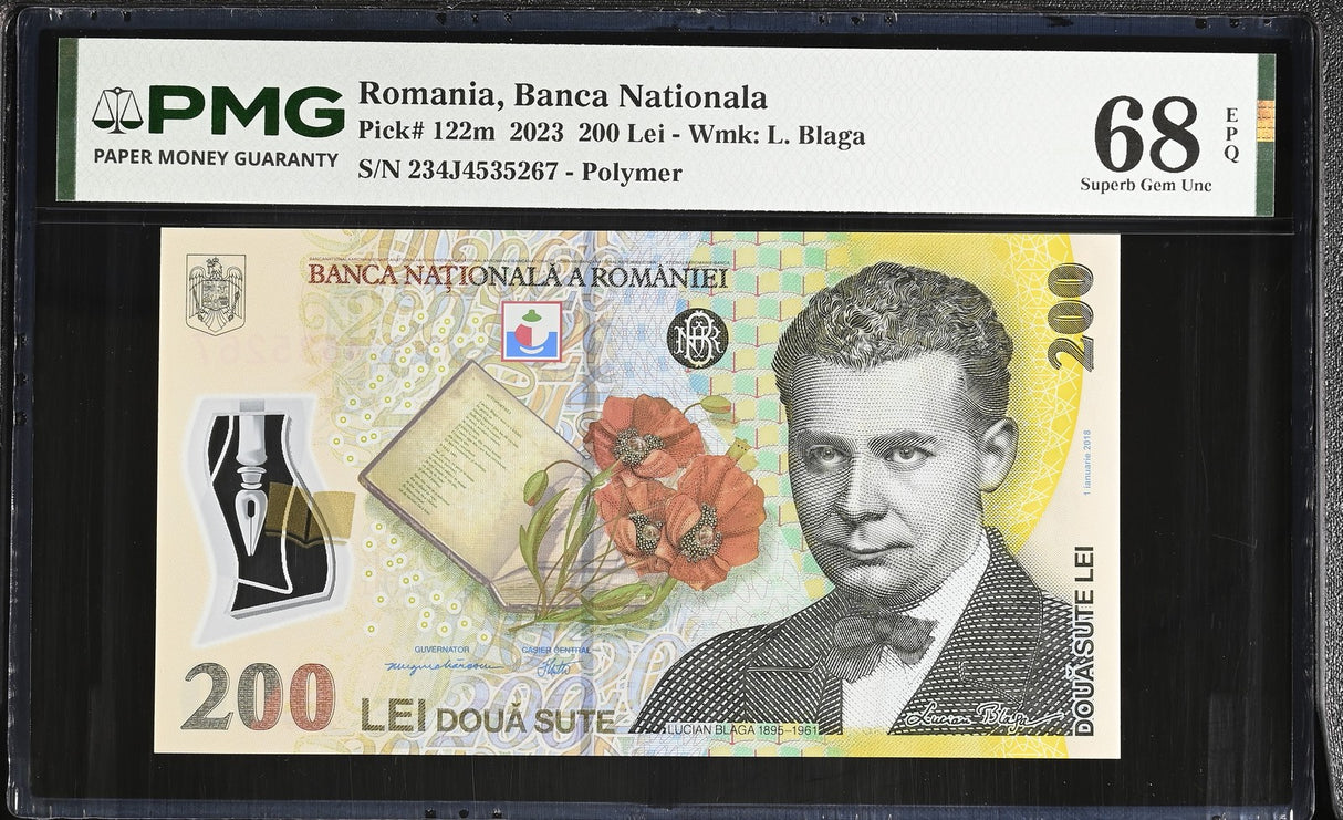 Romania 200 Lei 2023 P 122 m Polymer Superb Gem UNC PMG 68 EPQ