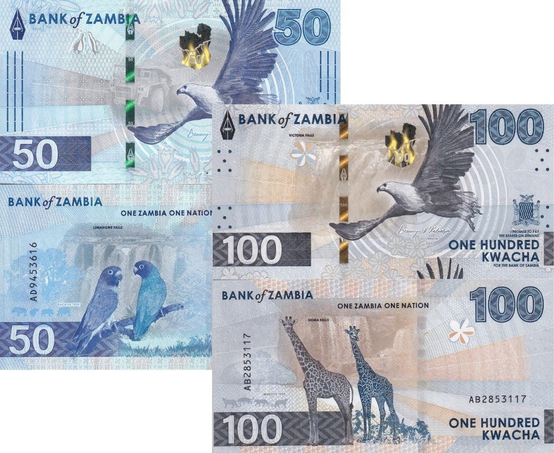 Zambia set 2 UNC 50 100 Kwacha 2024 2025 P 64 65 NEW Giraffe Birds